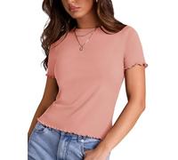 YILEEGOO Women's Crew Neck Short Sleeve T Shirts Ribbed Knit Summer Basic Tees Lettuce Trim Slim Fitted Going Out Tops (Pink, M)