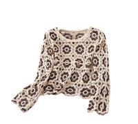 YILEEGOO Women's Crochet Button Down Knit Cardigan Sweater Long Sleeve V Neck Hollow Out Jumper Floral Cover Up Tops (Brown Flower, ONE Size)