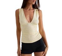 YILEEGOO Women's Crop Tank Tops Sexy V Neck Vest Casual Summer Basic Shirt Ruched Tight Slim Camisoles Y2k Going Out Tops (Dots Yellow, L)