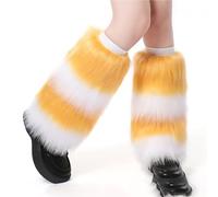YILEEGOO Womens Faux Fur Fuzzy Leg Warmers Warm Fuzzy Rainbow Boot Sleeves Boot Covers Cuff Fluffy Rave Music (Z-Yellow White, One Size)
