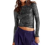 YILEEGOO Women's Long Sleeve Sequin Tops Party Shimmer Embellished Shirt Crew Neck Sparkle Glitter Slim Fit Crop Top Blouse (Black with Silver Sequins, S)