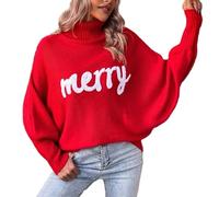 YILEEGOO Women's Merry Christmas Sweaters Turtleneck Batwing Long Sleeve Letter Embroidery Loose Knitted Pullover Xmas Sweater (Red, XL)