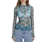 YILEEGOO Women's Mesh Long Sleeve Top Mock Neck Sheer Blouse Floral Lace Layering Tops Y2k See Through Tee Shirt Spring Autumn Streetwear (SLake Blue, S)
