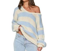 YILEEGOO Women's Off The Shoulder Striped Sweaters Y2k Drop Shoulder Long Sleeve V-Neck Oversized Knit Pullover Tops (Sky Blue, L)