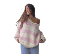 YILEEGOO Women's Off The Shoulder Striped Sweaters Y2k Drop Shoulder Long Sleeve V-Neck Oversized Knit Pullover Tops (Pink, L)