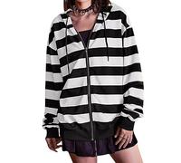 YILEEGOO Women's Oversized Y2K Zip Up Striped Hoodies Jacket Long Sleeve Hooded Jackets with Pockets Punk Grunge Goth Harajuku Sweatshirt Streetwear (White, L)