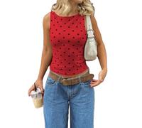 YILEEGOO Women's Polka Dot Tank Tops Boat Neck Tight Going Out Y2k Tops Slim Fit Blouses Summer Vest Shirt Streetwear (Red, XL)