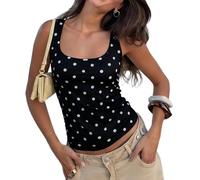YILEEGOO Women's Polka Dot Tank Tops Boat Neck Tight Going Out Y2k Tops Slim Fit Blouses Summer Vest Shirt Streetwear (Z7-Black, XL)