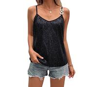 YILEEGOO Women's Sequin Top V Neck Sleeveless Sparkle Camisole Glitter Tanks Tops Shimmer Going Out Cami Club Party Vest (Black, L)