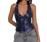 YILEEGOO Women's Sequin Top V Neck Sleeveless Sparkle Camisole Glitter Tanks Tops Shimmer Going Out Cami Club Party Vest (Z3-Navy Blue, XL)