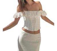 YILEEGOO Women's Sexy Crop Corset Off-Shoulder Trendy Eyelets Ruffles Tie Up Back Shirts Blouses Going Out Tops Streetwear (White, M)