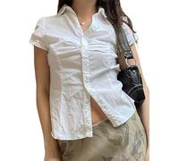 YILEEGOO Women's Slim-Fit Button Down Shirts Cotton Stretchy Puff Cap Sleeve Collared Ruched Front Tie Back Blousees Crop Tops (A White, S)