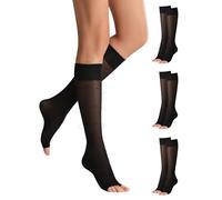 Yilianmy 3 Pairs Knee High Pop Socks Toeless Nylon 40D Open Toe Compression Socks Support Stockings（Black,M