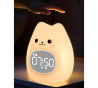 Yiliaw Alarm Clock with Night Light for Kids, Sleep Training Clock with Sound Machine, Rechargeable Silicone OK to Wake Clock，Cute Animal Tabletop Lamp, Perfect Sleep Companion for Boys Girls, Cat
