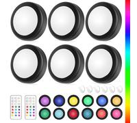 Yiliaw LED Puck Lights with Remote Control, AA Battery Operated Lights, 12 Colours Cabinet Lighting, Under-Unit Lights, Pressure Lights, Under Cabinet Lighting for the Kitchen, Pack of 6, Black