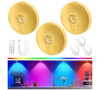 Yiliaw Rechargeable Puck Lights with Remote, Magnetic Under Cabinet Lighting, 1500mAh Battery Operated LED Lights for Kitchen, Closet, Shelf - 3 Color Temps & 12 RGB, Gold, 3 Pack