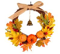 Yililay 40cm Halloween Autumn Wreath with Bell Fall Maple Leaf Pumpkin Garland Thanksgiving Door Wall Decor
