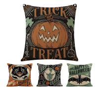 Yililay 4PCS 18x18 Inch Halloween Pillow Covers Linen Cats Pumpkins Skeletons Retro