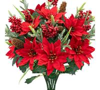 YILIUFA 4 Pack Artificial Poinsettia Flowers Bouquet, Fake Christmas Flower with Red Berries Pine Cones Winter Flower for Home Table Porch Patio Cemetery Vase Xmas Decorations