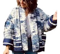 YILKOO Women's Cropped Puffer Jacket Winter Vintage Floral Print Open Front Quilted Jacket (Blue, S)