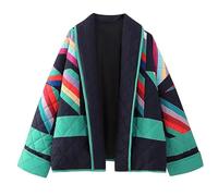 YILKOO Women's Cropped Puffer Jacket Winter Vintage Floral Print Open Front Quilted Jacket (Green, M)