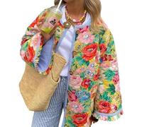 YILKOO Women's Cropped Puffer Jacket Winter Vintage Floral Print Open Front Quilted Jacket(S)