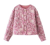 YILKOO Women's Short Puffer Jacket Vintage Floral Print Open Front Quilted Coat Long Sleeve Lightweight Padded Jacket Outerwear(S)