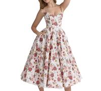 YILKOO Women's Sleeveless High Waist Midi Dress Retro Spaghetti Strap A Line Dresses Large Hem Party Dress with Pockets(Flower 1,Large)