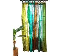 YILLE Boho Silk Sari Curtain Panel,1 Piece Vintage Handmade Lightweight Recycled Indian Silk Saree Window Drapes for Bohemian Living Room, Aesthetic Home Décor Wall Hanging - Green, 84 X 43 in