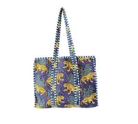 YILLE Handmade Cotton Quilted Tote Bag, Large Boho Reusable Unisex Grocery Travel & Beach Shoulder Bags, Navy Blue Cheetah, L