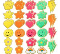 Yilloog 50 Pcs Self Adhesive Chenille Patches Paw Print Smile Face Heart Patch Preppy Sticker Chenille Rainbow Sew on Sticker for Jackets Jeans(Cute Style,Neon Color)