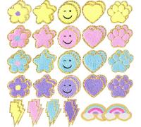 Yilloog 50 Pcs Self Adhesive Chenille Patches Paw Print Smile Face Heart Patch Preppy Sticker Chenille Rainbow Sew on Sticker for Jackets Jeans (Cute Style,Pastel Color)