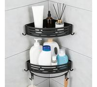 Yilnlg Corner Shower Caddy, 2-Tier Self Adhesive Bathroom Shelf, No Drilling Shower Organiser with 8 Hooks & Towel Rail, Rustproof Wall Mounted Storage Rack for Bathroom Kitchen