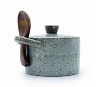 YILUSHENGHUA 8 oz Ceramic Salt Cellar with Lid & Wooden Spoon,Countertop Salt Container,Sugar Bowl,Spices Jar| Artisan Kitchen Decor(Gray)