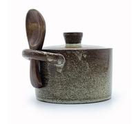 YILUSHENGHUA 8 oz Ceramic Salt Cellar with Lid & Wooden Spoon,Countertop Salt Container,Sugar Bowl,Spices Jar| Artisan Kitchen Decor(Coarse Pottery Color)