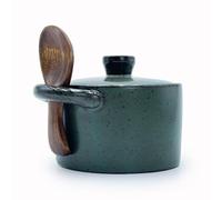 YILUSHENGHUA 8 oz Ceramic Salt Cellar with Lid & Wooden Spoon,Countertop Salt Container,Sugar Bowl,Spices Jar| Artisan Kitchen Decor(Deep Blue)