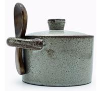 YILUSHENGHUA 8 oz Ceramic Salt Cellar with Lid & Wooden Spoon,Countertop Salt Container,Sugar Bowl,Spices Jar| Artisan Kitchen Decor(Light Coarse Pottery Color)