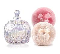 YILUSHENGHUA Luxury 4 Inch Glass Loose Powder Container with 2 Soft 3.5" Puffs｜Non-Sealed Refillable Organizer Storage for Body Powder Makeup & Jewelry & Setting Applicator(Crown-Dazzling Color)