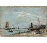 YIMACBJXX Famous Painting Wall Art Decor Canvas Picture Wall Beach with Fishing Boats Landscape with Farmer Plowing a Field by Eugene Louis Boudin Graffiti Art Pictures for Home Decor 60x90cm