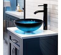 YIMAI Ingenuity Vessel Sink 12" Bathroom Sinks Tempered Glass Blue Art Basin Round Bowl with Faucet Combo, YM20208M