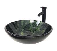 YIMAI Ingenuity Vessel Sink 16.5" Bathroom Sinks Tempered Glass Green Art Basin Round Bowl with Faucet Combo Green(20204)