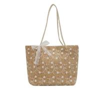 YIMAISZQ Straw Bag Travel Holiday Shoulder Lace Braided Large Capacity Beach Style Handbag Bag-khaki White Flowers