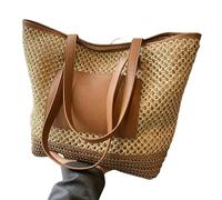 YIMAISZQ Straw Bag Women Crochet Beach Handbag Pu Patchwork Simple Shoulder Contrast Color Minimalist Tote Ladies Summer Bag-beige