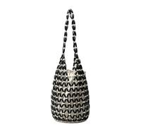 YIMAISZQ Straw Bag Women Woven Hand Summer Design Hollow-out Wooden Bead Tote Bucket Shoulder Female Reticulate Netted Canvas Beach Handbag-black White-16 5x36cm