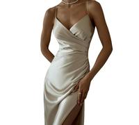 YIMAISZQ Women Dresses Sexy Evening for Woman Camisole Backless Slit High Split Pleat Satin Formal Elegant Party Prom Gowns Vestidos-Champagne-s
