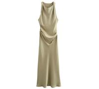 YIMAISZQ Women Dresses Womens Dresses Ruched Satin Midi Dress Woman Summer Sleeveless Long Dresses for Women Pleated Party Dresses-Khaki-m