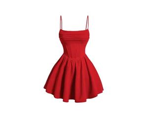 YIMAISZQ Women Dresses Women's Ruched Corset Dress Spaghetti Strap Fit and Flare Flowy Skater Mini Cami Dress-red-xs