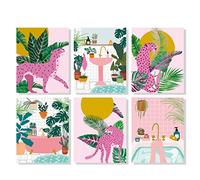 YIMEHDAN Moroccan Leopard Wall Art Print - Jungle Animal with Tropical Leaves Canvas Print - Abstract Pink Cheetah and Plant Artwork for Bathroom Home Decor (Set of 6) - Unframed - 8X10 inch