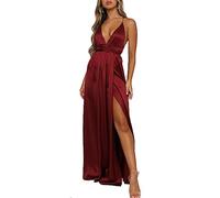 Yimeili Women's Dresses Satin Formal Dress Sexy V Neck Backless Split Long Maxi Cocktail Party Wedding Guest Dress, Burgundy, M