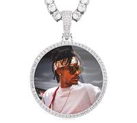 YIMERAIRE Custom Photo Necklace Personalised Picture Necklace For Women Men Customised Circle Pendant Silver/Gold Hip Hop Jewellery Rope Chain With Iced Out Pendants Come With Gift Box